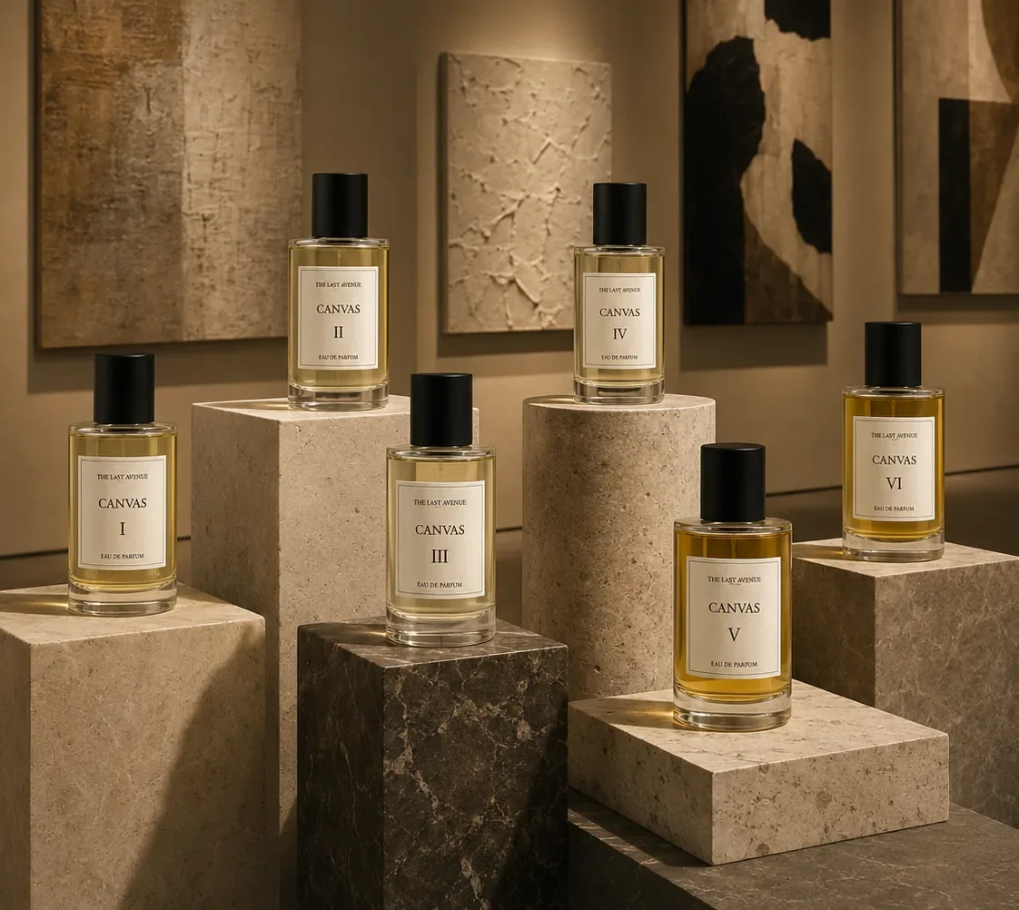 The complete six-bottle Canvas collection displayed in a warm gallery